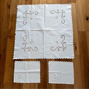Vintage Hand-Embroidered Cutwork Tablecloth + 2 Napkins – White on White